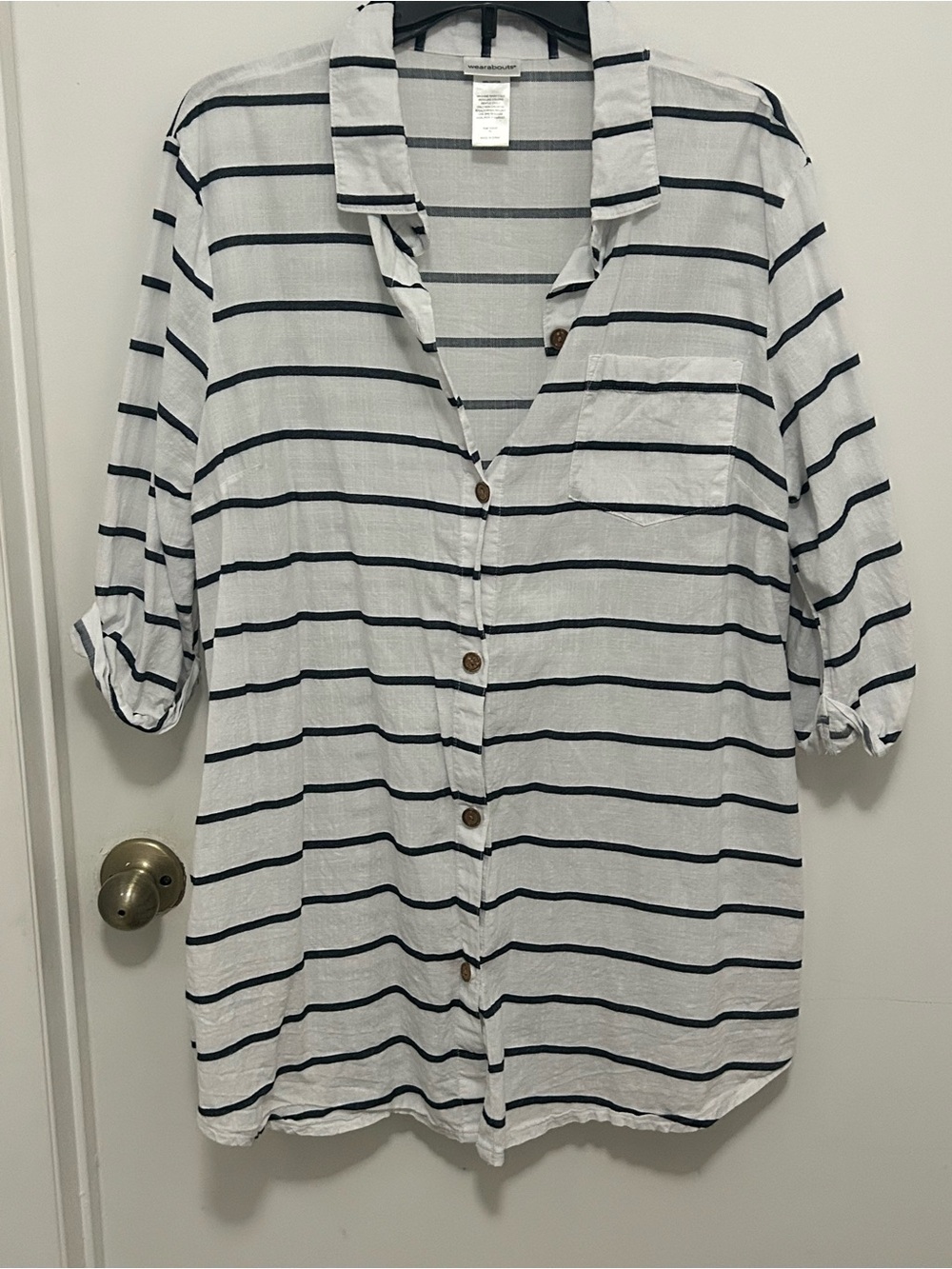Striped White & Navy Button-Front Swim Coverup Shirt